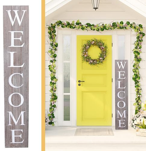 ALBEN Premium Extra Large Welcome Sign for Front Door Porch – 5 Feet Tall (58 x 11) Standing Vertical Wooden Sign, Indoor Home Decor Wall Decorations (Gray)