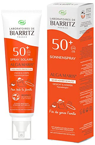 Laboratoires de Biarritz - Sonnnenspray LSF50+ ALGA MARIS® Bio-zertifiziert - Gesicht und Körper - Für Babys, Kinder und Erwachsene - Familienformat 150ml - Made in France