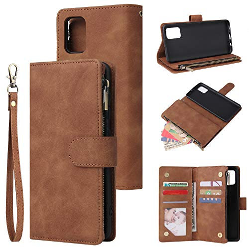 QLTYPRI Hülle für Samsung Galaxy A51, Premium Leder Handyhülle mit Große Kapazität 6 Kartenfach & 1 Reißverschluss Tasche Ständer Schutzhülle für Samsung Galaxy A51 - Braun