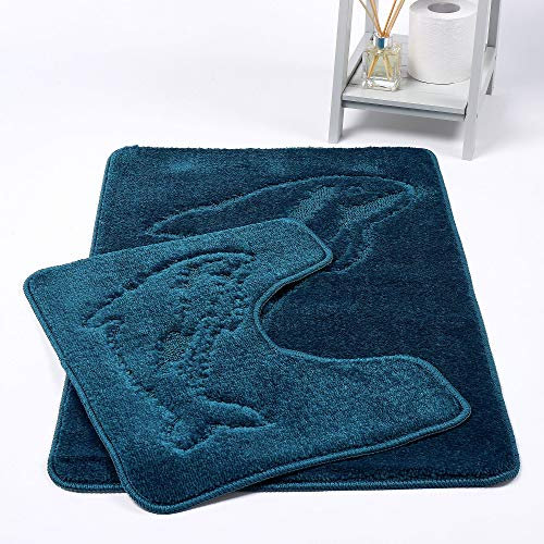 HOMES-LINEN Dolphin Bath Mats Non Slip Bathroom Mats 2 Piece Pedestal and Bath Mat Set Toilet Bathroom Rug (Teal)