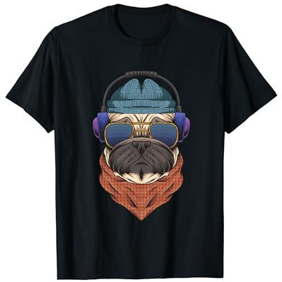 Mops Hund mit Mütze Kopfhörern Sonnenbrille Hunde T-Shirt