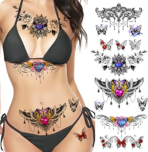 ROARHOWL sexy temporäre Tattoos für Frauen, sexy Tattoo, schön und exquisit, 3D realistische Blumen, Schmetterlinge, Bauch, Brust, Taille und Rücken wenden falsche Tattoos für Mädchen an (1)