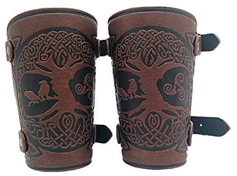 Yggdrasil-Lederarmrüstung Geprägte PU-Leder-Armschienen Punk Gothic Armschützer Mittelalter Kostüm Armband Viking Bracers Baum Des Lebens Tattoos Armschienen für Männer Frauen Jungen LARP (Braun)