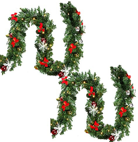 Yakimz 2er 5M Weihnachtsgirlande, Tannengirlande mit 100 LEDs Warmweiß 8 Modus inkl. Deko, IP44 Weihnachtskranz Weihnachtsdekoration Künstliche Girlande für Treppen, Kamine, Grün