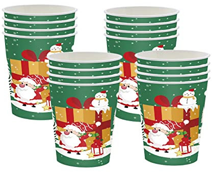 Christmas Party Paper Cups,16Pcs Green Winter Snowflakes Santa,Snowman,Elk,Gingerbread Man Disposable Paper Cups Christmas Tableware Decor for Winter Holiday Birthday Xmas Party Supplies Decorations