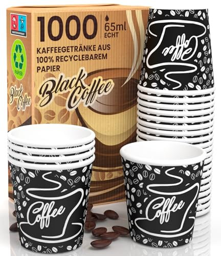 Eurocali 1000 Petits Gobelets en Papier 65ml Mini Gobelets Jetables Biodégradables Écologiques Design BlackCUP - Tasses en Carton Résistant à la Chaleur pour Café Italien