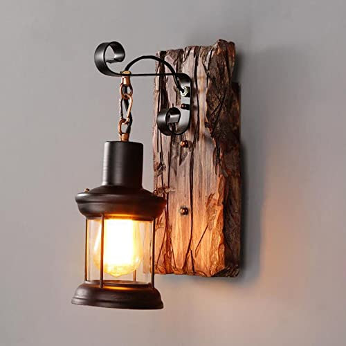 Wandleuchte Holz Wandlampe E27 Rustikale Wohnzimmerlampe Innen Esszimmer Leuchte Lampenschirm Aus Glas Metall Kreative Beleutung Für Treppenhaus Flur Loft Cafe Bar Restaurant Küche Hotel,1pc