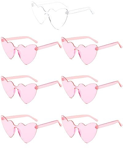Lot de 7 paires de lunettes de soleil teintées transparentes en forme de cœur sans monture pour enterrement de vie de jeune fille, 1 mariée + 6 équipes, fête prénuptiale, accessoires de photomaton