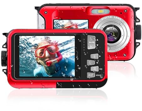 Ciciglow Underwater Camera, 2.7K 48MP Waterproof Dual Screen LCD Display Selfie Digital Camera, 10ft Underwater, Red