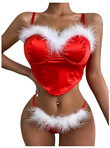 Damen Bodysuit Weihnachten Sexy Unterwäsche V Ausschnitt Bodys Chrismas Bodystocking Rot Jumpsuit Schulterfrei Erotikunterwäsche Set Dicker Reizwäsche Einteilige Negligee Ouvert Dessous Erotische