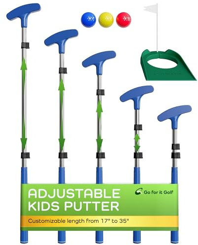 Go For It Golf Kids Putter - Extendable Shaft for Junior Golfers - Adjustable Size for Right and Left Hand - Perfect Training Club for Kids - Includes 3 Balls, Cup with Flag - Blue, 17-35
