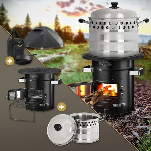 BBQ#BOSS Horno de Cohetes Barbacoa Holandesa Parrilla Negra con Sartén de Hierro Fundido Estufa Portátil de Acero para Camping con Bolsa de Transporte y Olla de Acero Inoxidable Ø 24 cm, 6,8 Litros