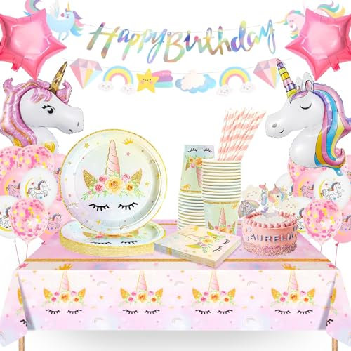 Yosiio Vajilla Unicornio para Fiestas y Cumpleaños - Decoración Baby Shower para 16 Invitados