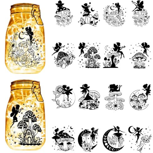 CREATCABIN 16 Stück Feen-Engel-Silhouetten,Einmachglas-Dekoration,Pilz,Lasergeschnittener Karton,Scrapbook-Ausschnitte,Stanzteile Aus PVC Zum Basteln von Laternen,Wandmalerei,10x9cm,Ohne Aufkleber