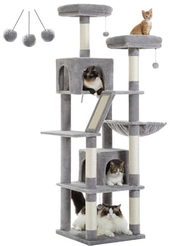 PETEPELA Tall Cat Tree 70.9, Large Cat Tree for Indoor Cats, Multi-Level Plush Cat Condo with 6 Scratching Posts, 2 Scratching Boards, 2 Perches, 2 Caves, Hammock, 2 Pompoms Grey