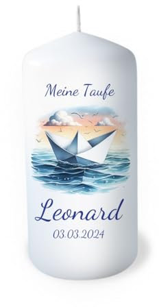 Kerze Taufe individuell mit Namen als Tischdeko. Tischdekoration Taufe als Geschenk personalisierbar. Liebevolle Kerze Papier-boot Meer Wasser Brenndauer: 35 Stunden, Ø6,8 x Höhe 15 cm