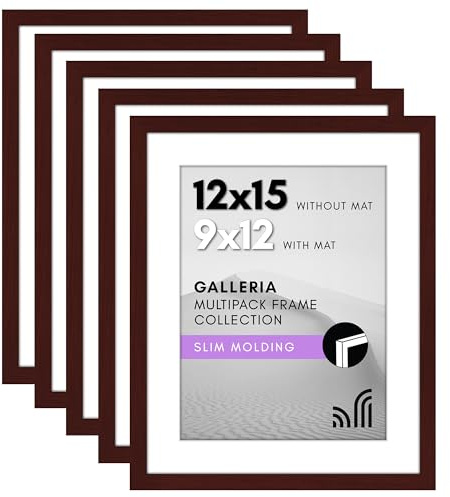 Americanflat 12x15 Picture Frame with Polished Plexiglass - Set of 5 - Use as 9x12 Frame with Mat or 12x15 Frame Without Mat - Galleria Collection - Gallery Wall Frame Set for Wall Display - Mahogany