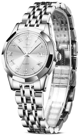 OLEVS Uhr Damen Silber Edelstahlband Analoger Quarz Damenuhr Klassisches Luxus Weiß Kleines Gesicht Römische Ziffern Diamanten Uhr Damen Leuchtend Wasserdicht mit Datum Watches for Women