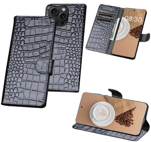 qichenlu Kroko Schwarz Echtleder Klapphülle kompatibel mit iPhone 15 Pro,Rindsleder Geldbeutel Kartenfach Magetische Handytasche