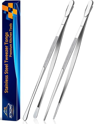 JETKONG 2 Pcs 14-Inch Food Tweezers Stainless Steel Tweezer Tongs Extra-Long Cooking Tweezers (Silver)
