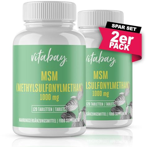 Vitabay MSM Tabletten Hochdosiert - 240 MSM Tabletten Hochdosiert Vegan 2er Set- Pulver 2000 pro Tagesdosis - Schwefel Gelenkskapseln - Pflanzliche Kapseln 2000