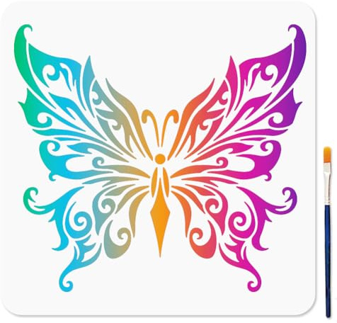 MAYJOYDIY Pochoir Papillon Mandala Pochoirs Papillon 30x30cm Pochoirs Floraux Réutilisables en Plastique avec Pinceau Modèles D'Insectes pour L'Artisanat Sur Fenêtre Bois Mur Décoration Intérieure