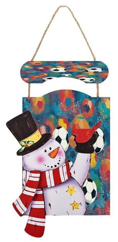 Christmas Snowman Wooden Plaque, Colorful Football Print Holiday Snowman Wooden Sign Indoor And Outdoor Holiday Wall Hanging Decor