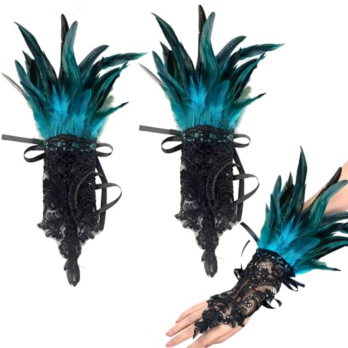 YumSur Damen Schwarz Feder Spitze Fingerlose Handschuhe 20er Jahre mit Federn für Karneval, Hochzeit Halloween Fasching Cosplay Party (pfauenblau, Standard)