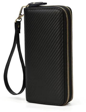 LUUFAN Echtes Leder Lange Brieftasche große Kapazität doppelte Reißverschluss um Handtasche Clutch Bag Handtasche Bargeld Kreditkarten Handy-Halter, schwarz mit Gold-Reißverschluss