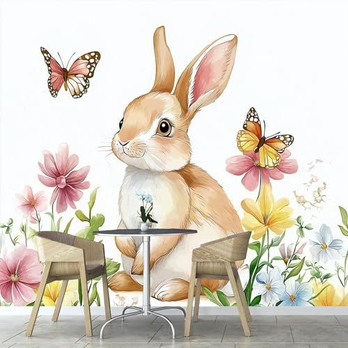 Papier Peint Panoramique Lapin Et Papillon Mignons, 450×315 cm Animal Papier Peint soie Personnalisé Photo Murale pour Salon Chambre d'enfants Décoration Murale