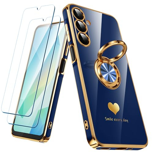 Nonional for Samsung Galaxy A16 5G/4G Case with 2 Pack Screen Protector, 360° Rotatable Ring Holder [Luxury Hearts Pattern] Plating Gold Edge Slim Soft Phone Cover Case for Galaxy A16 - Blue