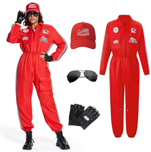 BuzzoXerex Rennfahrer Kostüm Damen, Rennfahrer Anzug Damen mit Handschuhe, Hüte, Sonnenbrille Rennfahrer Kostüm Overall Jumpsuit für Karneval, Party, Cosplay (Rot, S)