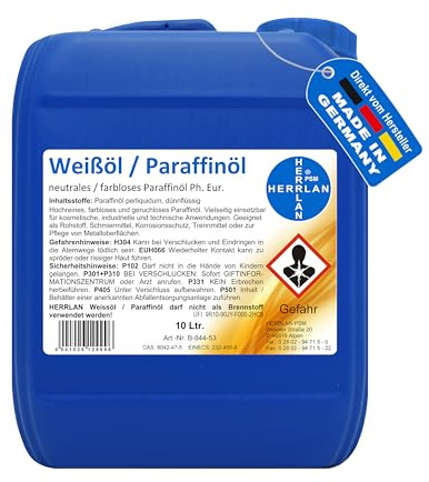 HERRLAN® Olio di paraffina Ph. Eur. 10 litro – Olio bianco di qualità medicale – incolore, inodore e a bassa viscosità – BAuA n. N-111510 – Industria e tecnologia – Made in Germany
