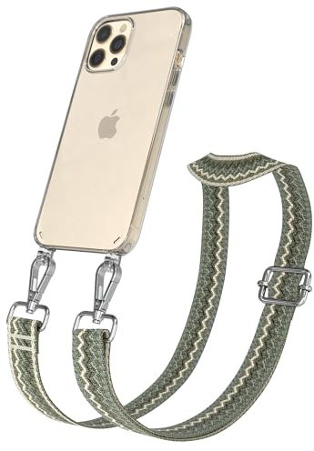 EAZY CASE Handykette - Verstellbares Taschenband kompatibel mit iPhone 12 Pro Max, Schulterriemen, Handykordel mit Silikon Hülle, Umhängetasche, Grün Beige Silber