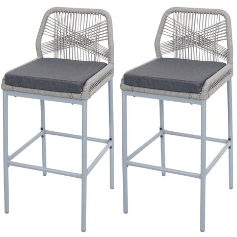 Lot de 2 tabourets de Bar Rope HWC-O21, Coussins d'assise extérieurs en Corde tressée métal - Gris Clair, Coussin Gris foncé
