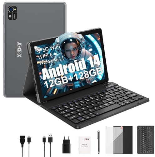 XGODY 10 Zoll Android 14 Tablet mit Tastatur 2,4G/5G WLAN 2,0 GHz | 12 GB RAM + 128 GB ROM (TF 1 TB) | FHD | 5+13 MP Kamera | 7000 mAh | Bluetooth 5.0,Tablet PC – Schwarz