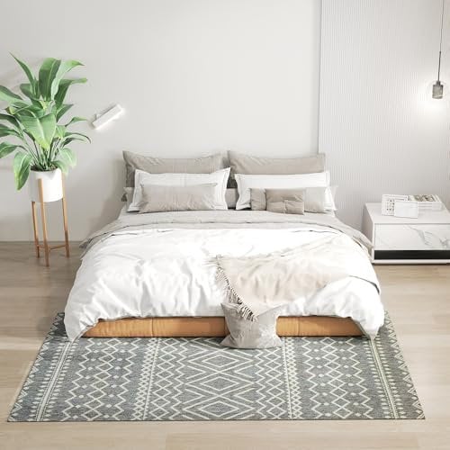 HOMCOM Teppich Flachgewebe Waschbar Anti-Rutsch Küchenteppich mit Boho-Design für Terrasse Balkon Wohnzimmer & Küche, 170 x 120 cm, Grau