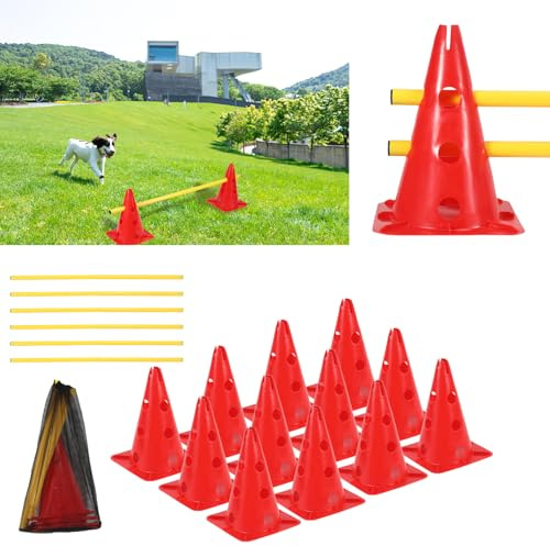 Peviasot Steckhürdenset Hund, 12 Kegel, 6 Stangen Agility Hürden Steckhürden Set, Koordinationstraining für Kinder Hunde Teamsport Fussball, Multifunktionskegel, für Hundesport, Fußball