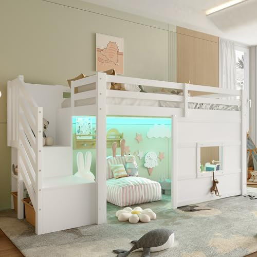 Kinderbett 90x200 cm mit Stauraumtreppe, Halbhohes Hochbett mit Fenster, Funktionsbett mit Regal, Spielbett mit LED, Holzbett mit Lattenrost, ohne Matratze, Weiß