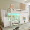 Kinderbett 90x200 cm mit Stauraumtreppe, Halbhohes Hochbett mit Fenster, Funktionsbett mit Regal, Spielbett mit LED, Holzbett mit Lattenrost, ohne Matratze, Weiß
