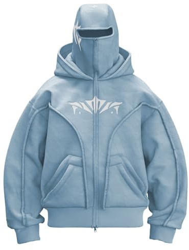 YCBMINGCAN Sturmhaube Hoodie Herren mit Reißverschluss, Y2K Balaclava Zip Sweatshirtjacke mit Maske, Oversize Kapuzenpullover Gothic Pullover, Hip Hop Jacke für Männer Herbst Winter