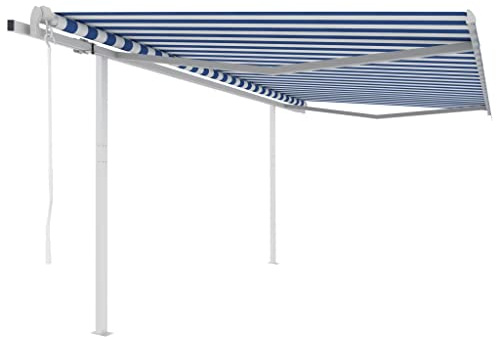 QJBSAVVA Elektrische Markise mit Pfosten 4.5x3 m Einziehbar Blau Weiß UV und Wasserbeständig für Terrasse Balkon Garten