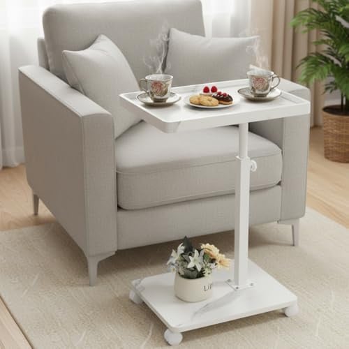 XUDREZ C Shaped Side Table with Wheels, Height Adjustable Sofa Side Table | 3cm Thick Sturdy Top, 45-80cm Height Adjustable, 360° Swivel Lock, Rolling Wheels, Tray Edge, Sofa Bedside Use, Marble Color