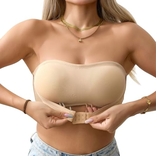 ADUDVLO Seamless Strapless Bras for Women with Pads, Non-Slip Bandeau Tube Bra with 4-Row Hooks, Stretchy Invisible Strapless Bra for Better Lift & Support (UK, Alpha, XL, Regular, Regular, Beige)