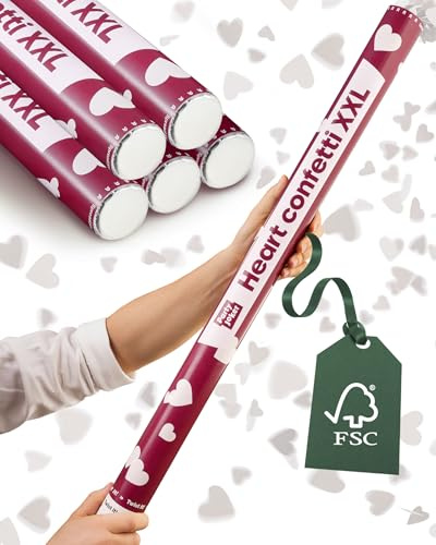 Partyjoker 5er Konfettikanone Hochzeit 80 cm Herzen Weiß – Konfetti XXL | Extra viel FSC-Papier drin, biologisch abbaubar, 5-8 Meter Wurfweite, weiße Deko fürs Brautpaar, Geburtstag, Feier & JGA