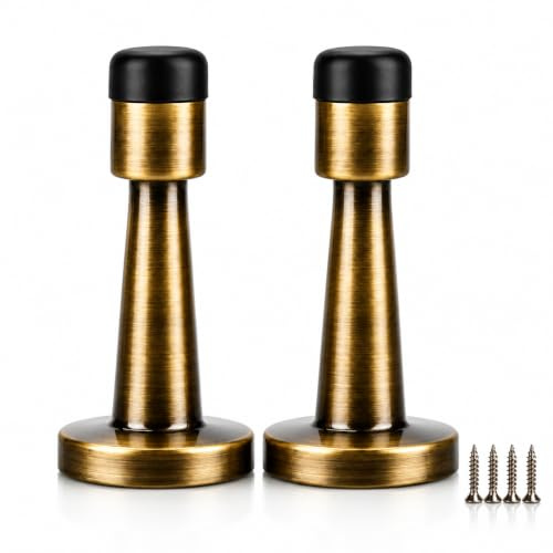 2PCS Door Stopper, Brass Door Stoppers with Rubber Tip, Door Stop, Heavy-Duty Brushed Brass Antique Stop Holder for Skirtings and Walls, Durable Screw-Mounted Door Stoppers for Home Office Hotel Use