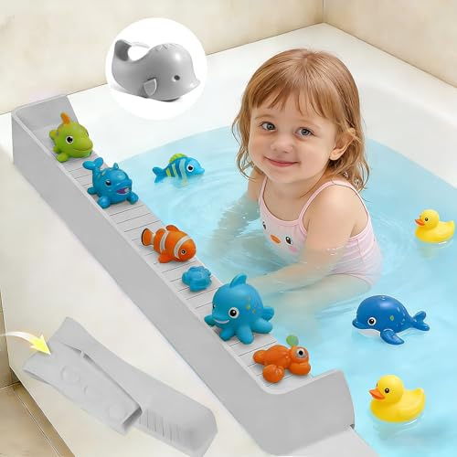 Splash Guard for Bathtub Kids - Silicone Bathtub Splash Guard with 11 Suction Cups, Bath Tub Play Shelf for Kids & Toy Holder, Prevent Water Spill in Bathroom, Fun Bath Time for Toddlers Baby(grey)