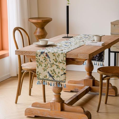 Tokusyou Tischläufer Vintage Landhausstil Leinen Boho Tisch Dekoration Frühling Jacquard Grün Vögel Blätter Baumwolle Tischläufer mit Quasten Tischdecke für Hochzeit Draußen 33x120cm