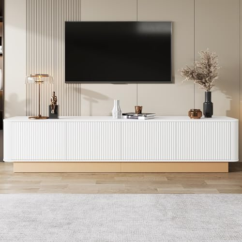 RAPRAP Mueble para TV de 200 cm, armario de TV acanalado en estilo lujoso, de 4 puertas, estantes ajustables en altura, esquinas redondeadas, minimalismo moderno, mueble para televisión de MDF,blanca