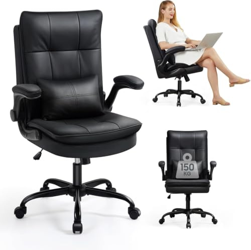 Asukale Bürostuhl Ergonomisch Schreibtischstuhl mit Hochklappbare Armlehne | Lordosenstütze, Bürostuhl 150kg, Hochklappbaren Armlehnen, Höhenverstellbarer, 90°-125° Wippfunktion, 360°, Kratzfeste Leder